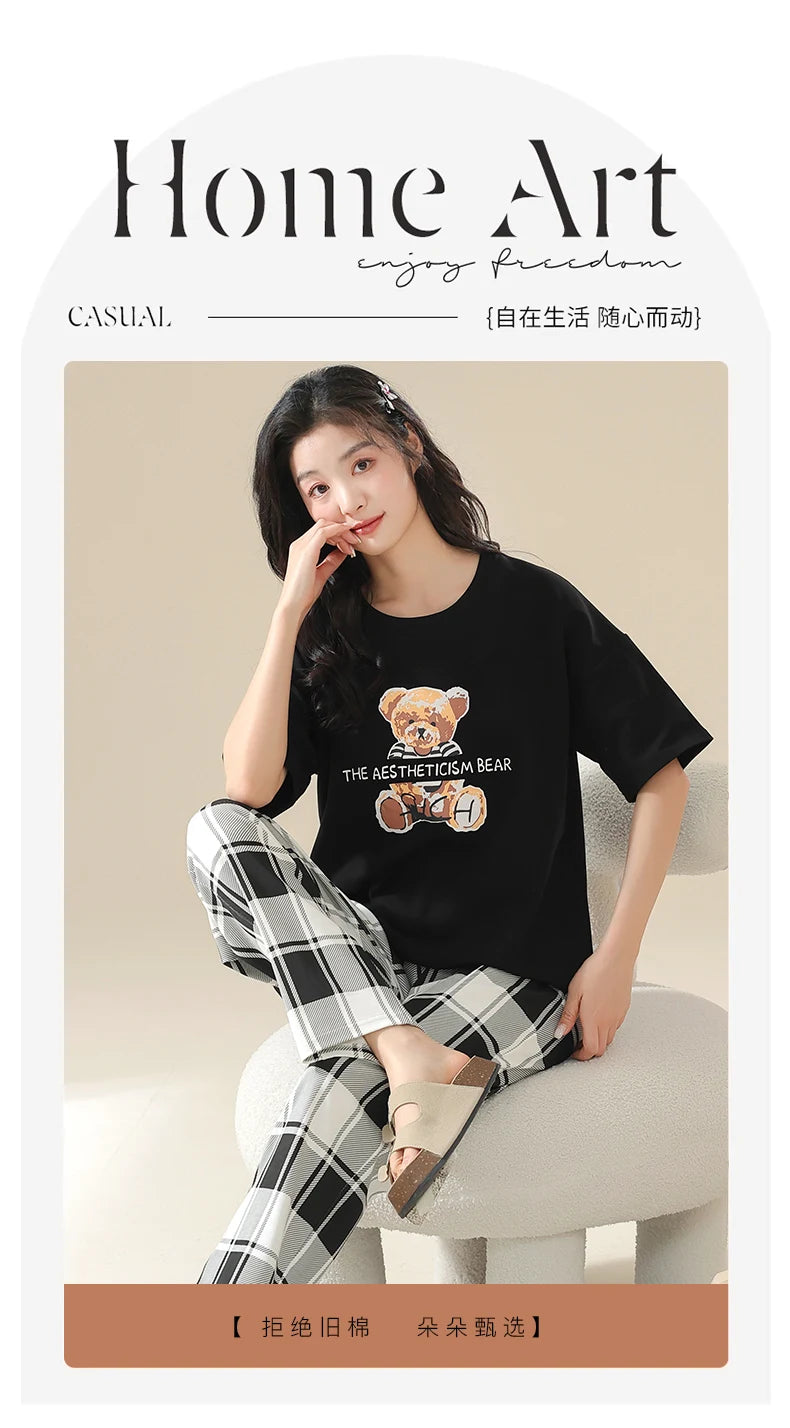 Big Size 5XL Pajama Sets Short Sleeved Cartoon Bear Knitted PJ Plaid Sleepwear Elegant Women's Pajamas Lounge Home Pijama Mujer