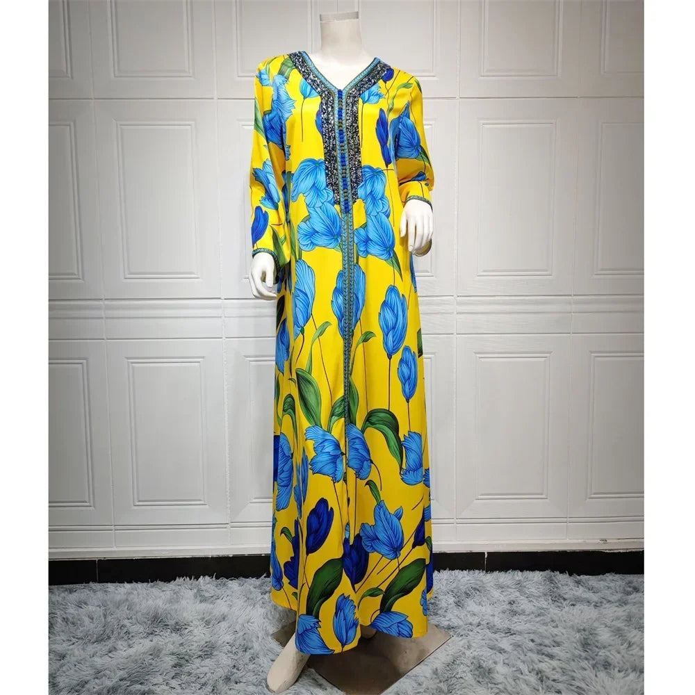 Abaya Elegant Ethnic Print Maxi Dress For Women Spring Autumn 2024 Muslim Jalabiya Dubai Turkey Moroccan Caftan Femme Clothes