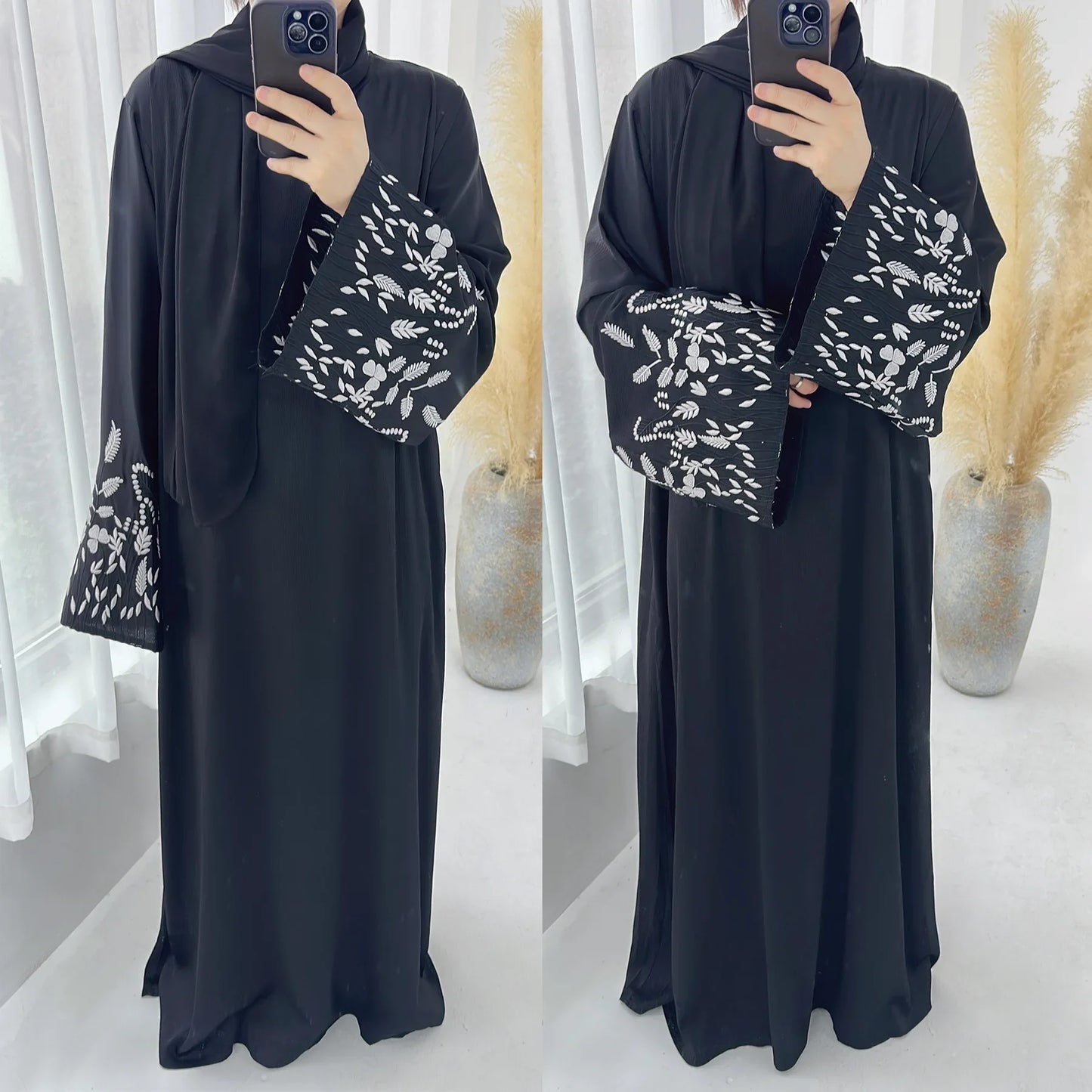 2024 Embroidery Kimono Muslim Robe Syari Female Full Length Muslim Outerwear caftan Black Abaya Saudi Arabia dress for women