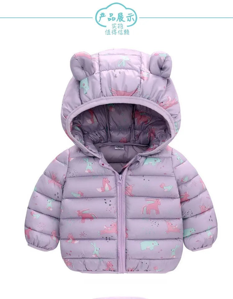 Baby Kids Jacket For Girls Hooded Coats Winter Children Cartoon Print Light Outerwear Infants Girls Boys Jacket Cotton Down Coat