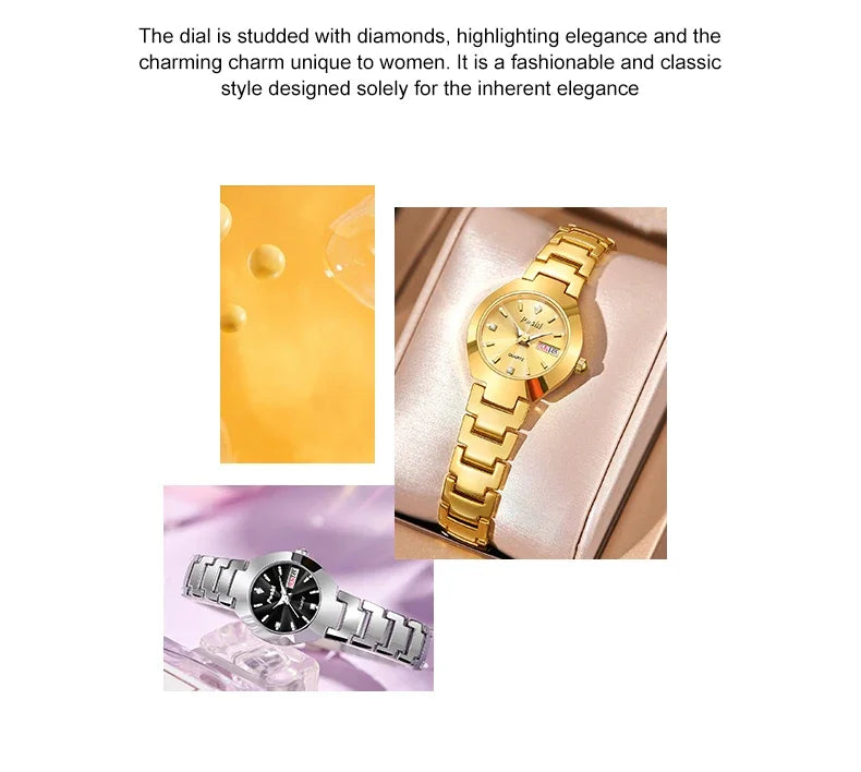 POSHI Fashion Quartz Girls Watch Stainless Steel Simple Women Watch Date Week Waterproof Thin Lady Business Clock  Wristwatch