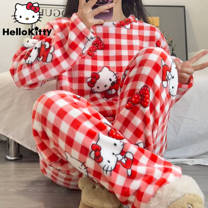 Sanrio Hello Kitty Home Clothes Red Plaid Plush Top Pullover Pants Women 2 Piece Set Cartoon Soft Flannel Cute Pajamas Suit Y2k