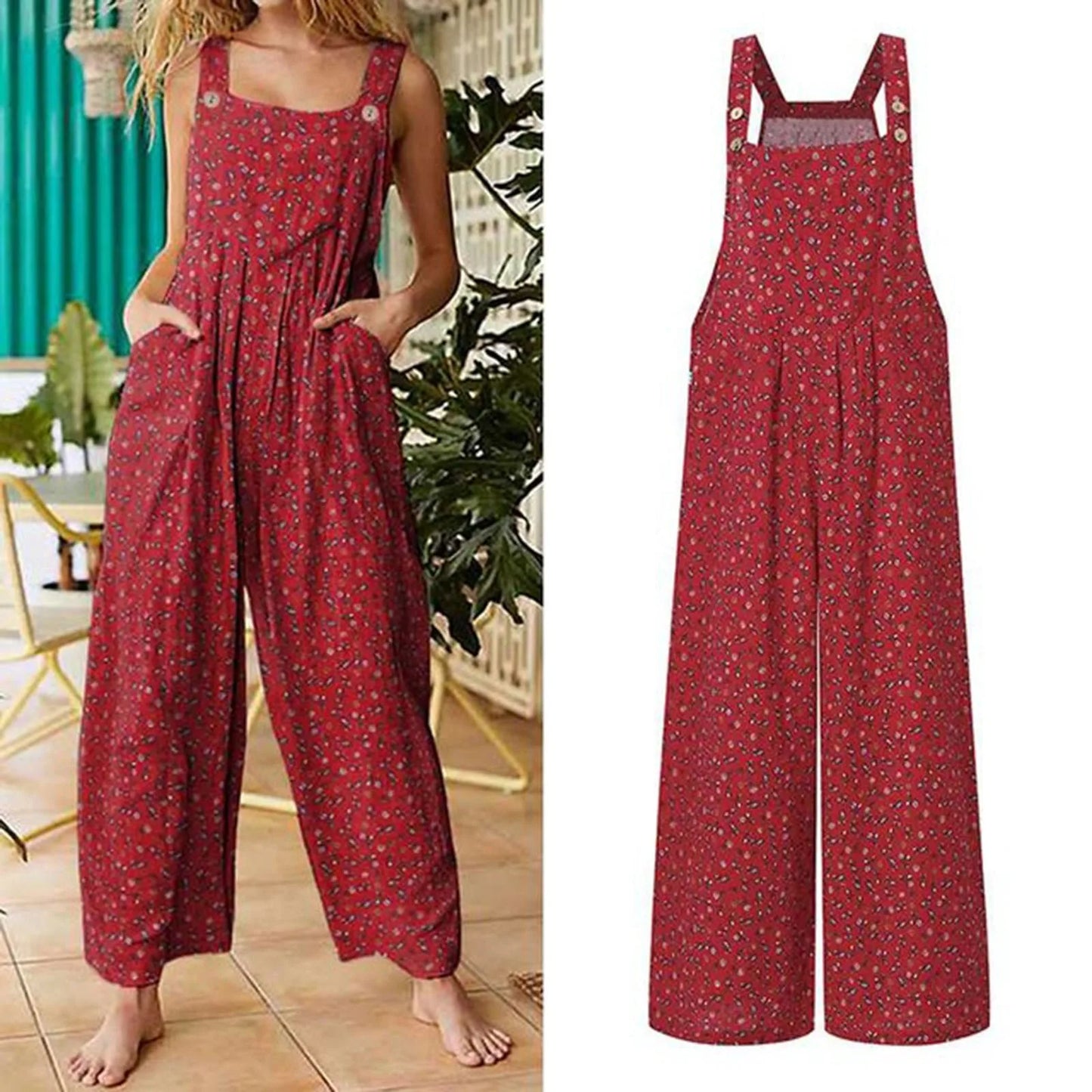 Summer New Women Casual Loose Flower Print Jumpsuits Women's Overalls Boho Sleeveless Square Collar Jumpsuits Rompers