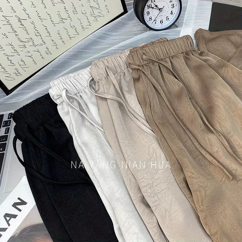 Spring Summer Ice Silk Satin Women's Pants Commuting High Waist Loose Straight Drape Casual Wide Leg Folds Full Length Pants