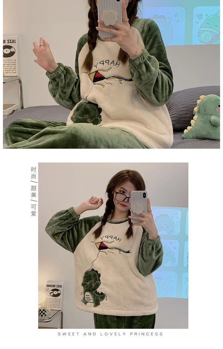 Autumn Winter Women's Pajamas Cute Cartoon Printed Sleepwear Casual Home Wear Set Girl Knitted Size M-3XL Pijamas Fashion Pyjama