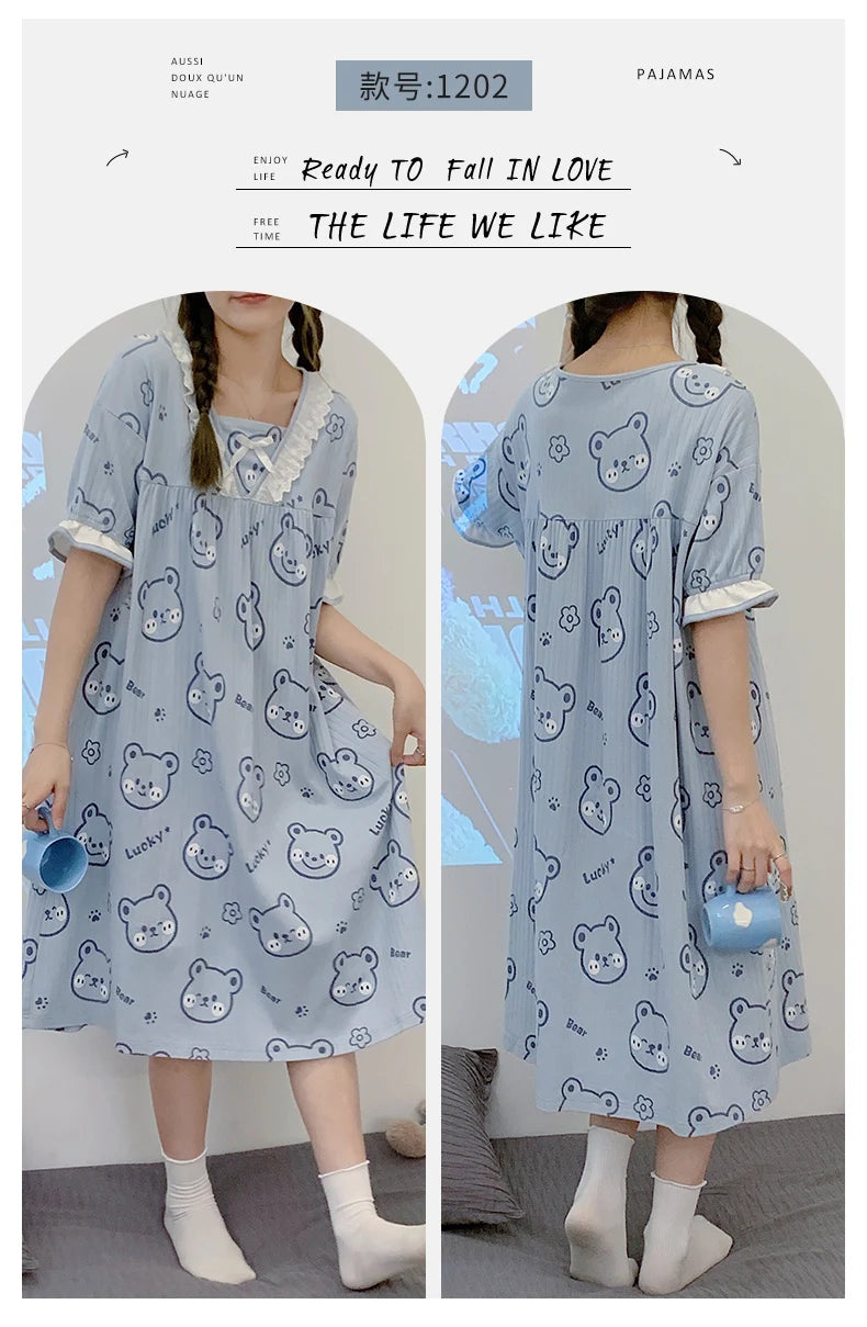 Summer New Knitted Cotton Kawaii Girls Checked Sleep Dress Women's Nightgowns Nighttie Sleepshirts Ladies Dresses Home Fashion