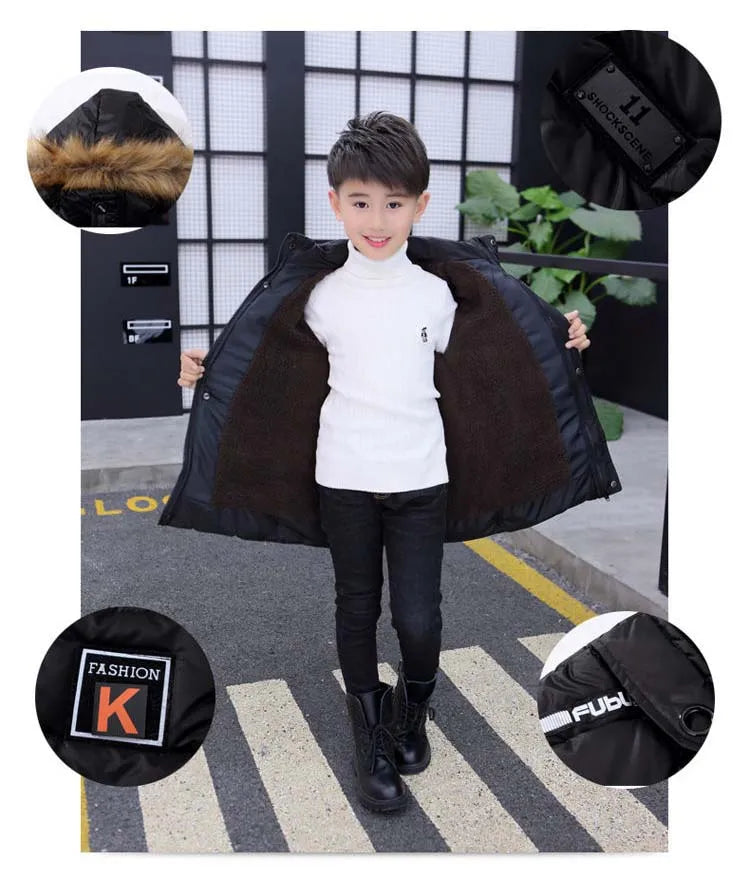 Boys Long Jacket Coat Overcoat Cotton 2024 Blue Black Khaki Warm Thicken Winter Plus Size Children's Clothing