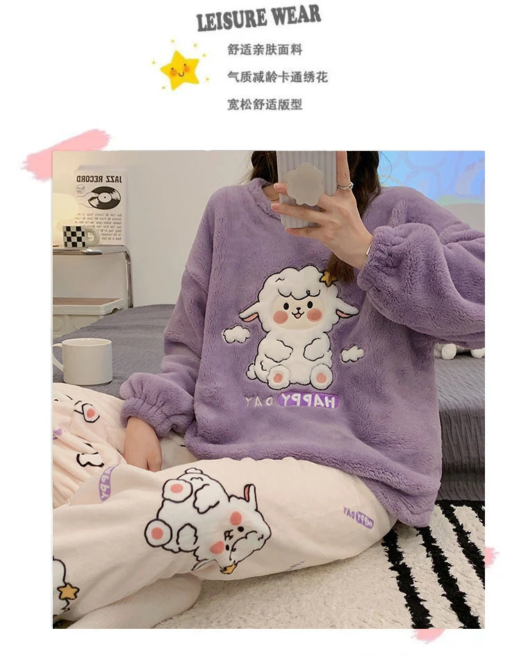 Autumn Winter Women's Pajamas Cute Cartoon Printed Sleepwear Casual Home Wear Set Girl Knitted Size M-3XL Pijamas Fashion Pyjama