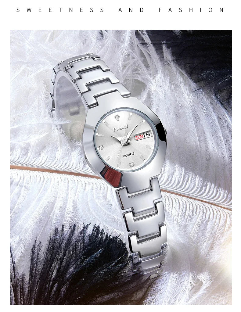 POSHI Fashion Quartz Girls Watch Stainless Steel Simple Women Watch Date Week Waterproof Thin Lady Business Clock  Wristwatch