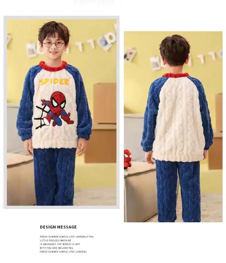 Winter Disney Children Clothing Boys Sleepwear Set Flannel Thick Long Sleeve Warm Set Pajamas Two Pieces Kids Clothes Spiderman