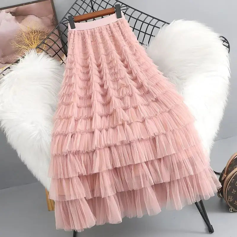 Mid Long Tulle Skirt for Women Trendy HighElastic Waisted A Line Fluffy Fairy Mesh Layered Ruffle Skirt Gifts for Girls