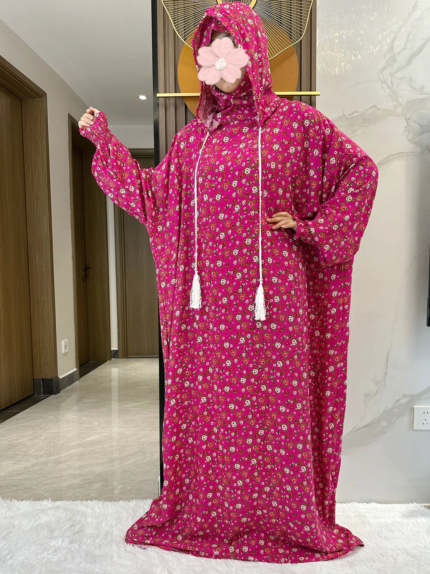 New Ramadan Muslim Two Hats Abaya Dubai Turkey Islam Prayer Clothes Floral Cotton Long Dress Islam Women Dress Kaftan