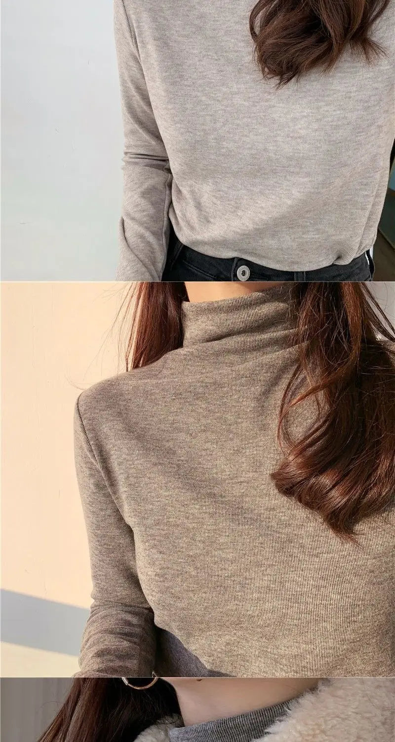 Winter Semi High Collar Long Sleeved T-shirt Women Solid Color Casual Slim Basic Inner Fashion Elegant Warm Gray T Shirt Top