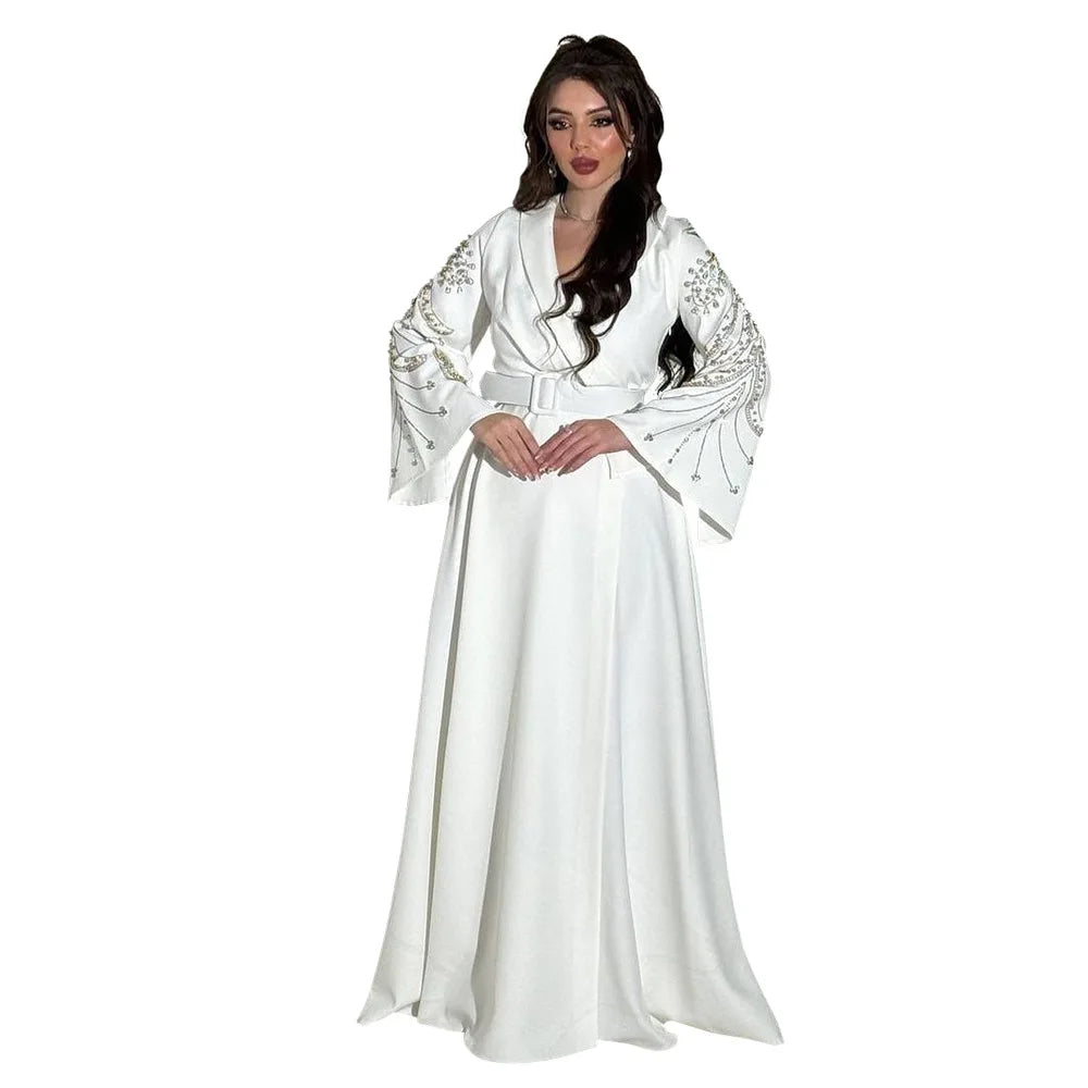 Abaya Dubai Islamic Dress for Woman Jalabiya Evening Party Fashion Diamonds Belted Shiny Muslim Turkish Clothing Lace Up Dresses