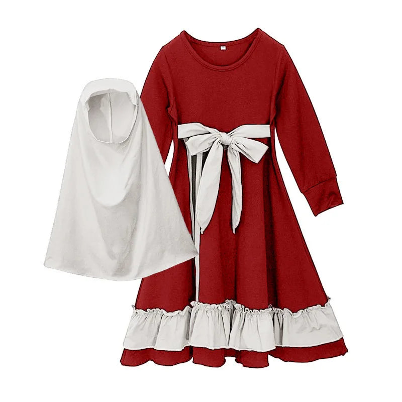 2Pcs Muslim Ramadan Sets Children Girls Prayer Dress Hijab Abaya Arab Kids Long Robe with Headscarf Islamic Robe Kaftan Gown