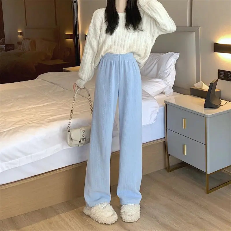 Women Autumn Winter Wide-Leg Pants High-Waist Casual Drape Loose Straight Pants Fleece Elastic Waist Fashion Mopping Pants