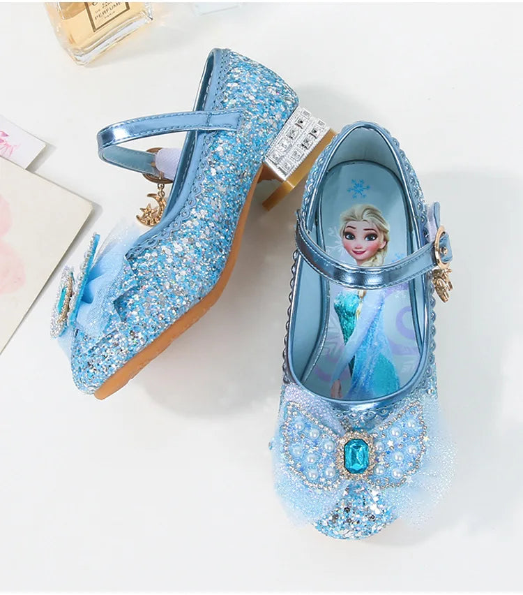 Disney Girls' Princess  Sandals Shoes Children's Shoes Elsa Children's Shoes Girls Fashion Baby Pink Blue High Heel Shoes Size