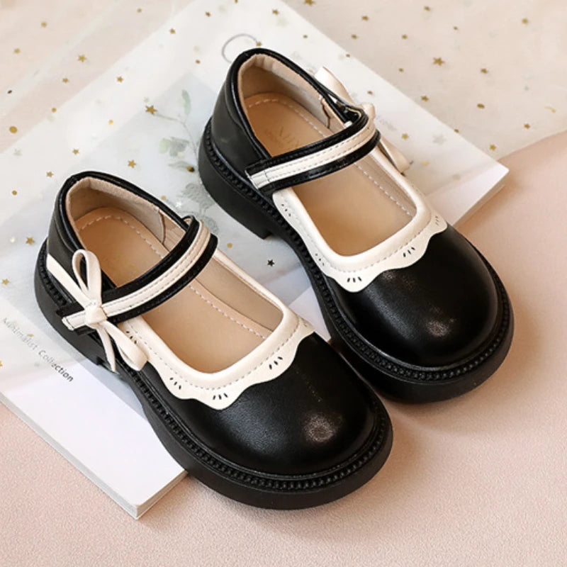 Autumn New Girl Leather Shoes Bowtie Black Beige School Causal Children Flat Elegant Round Toe Fashion Patchwork Kids Mary Janes