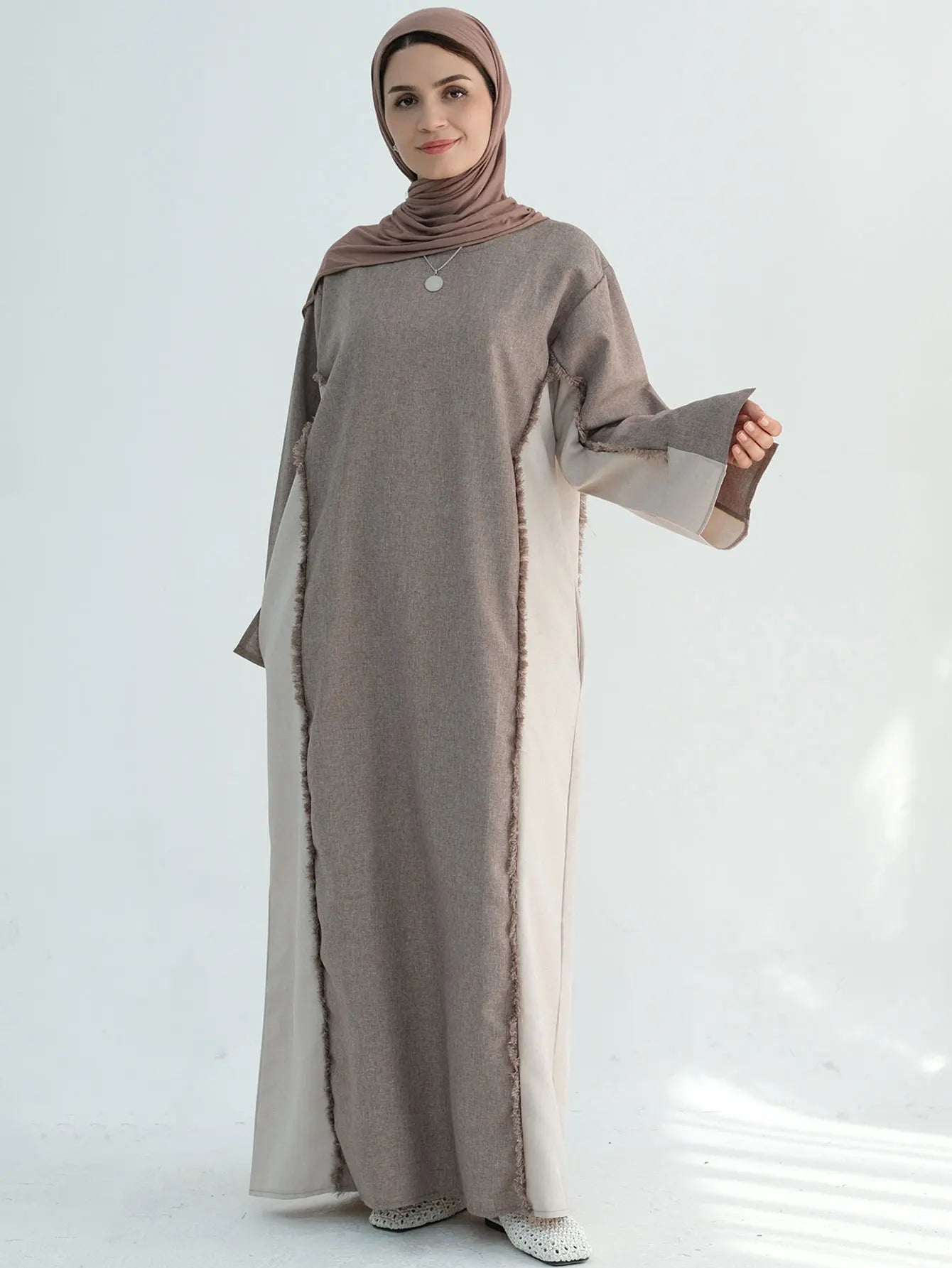 New Trend Contrast Color Women Dresses Modest Abaya Muslim Women Dress Linen Frayed Closed Abaya Ramadan EID Dubai Abaya 2025