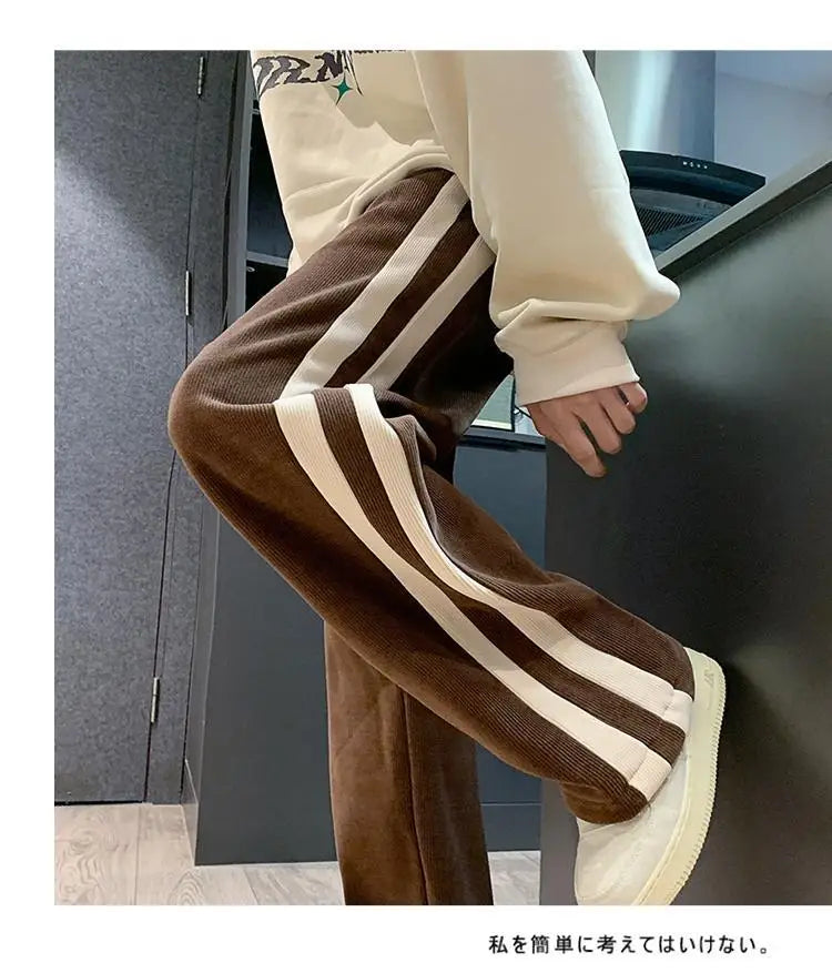 Fleece Thicken Corduroy Wide-leg Pants Men's Harajuku High Street Side Stripes Pants Casual Straight Elastic Waist Sweatpants