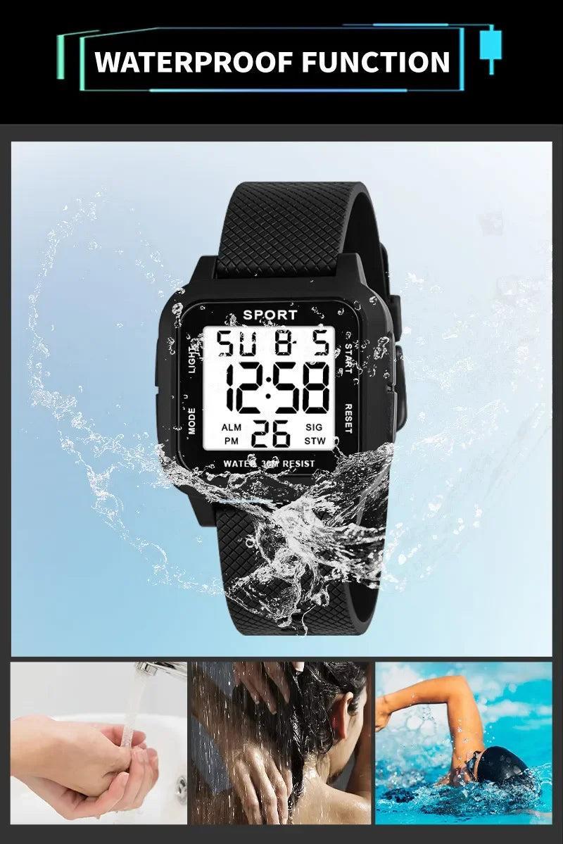 YIKAZE Black Sports Watch Men's Digital Watch Alarm Chrono Clock 3Bar Waterproof Military Men Watches LED Electronic Wristwatch