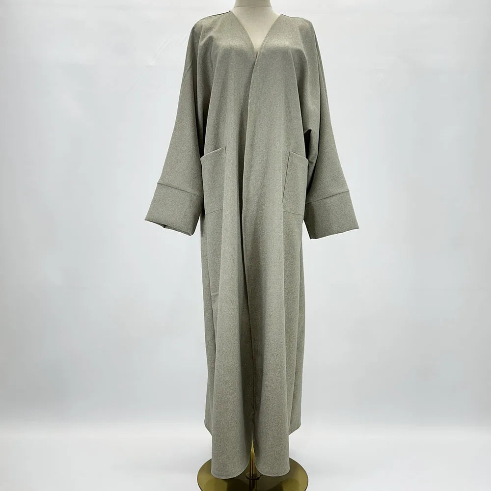 New Linen Kimono Open Abaya High Quality With Pockets Dubai Modest Muslim Women Dress EID Ramadan Islamic Clothing