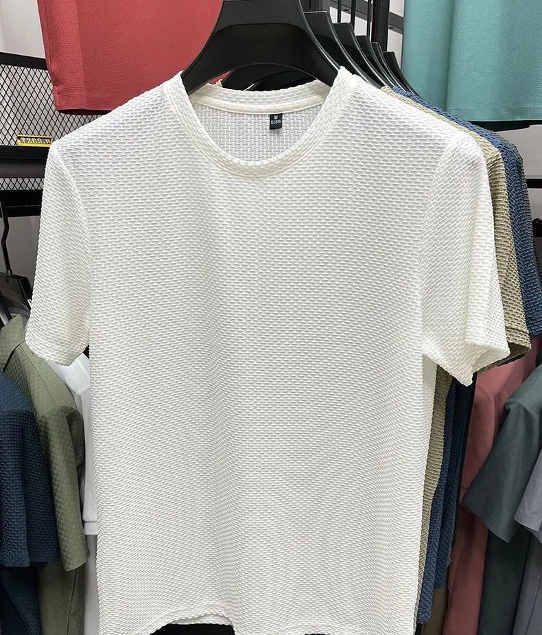 Summer O-Neck T-Shirts Men Ice Silk Mesh Breathable Half Sleeve Top Solid Color Thin Casual Cool Quick-dry Short Sleeve T Shirts