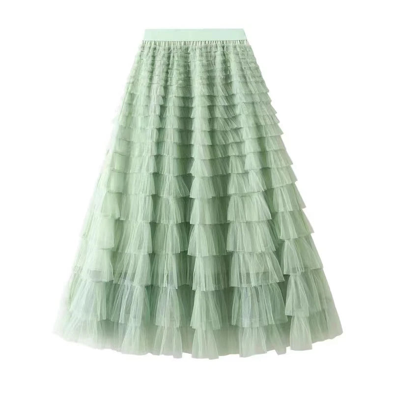 Mid Long Tulle Skirt for Women Trendy HighElastic Waisted A Line Fluffy Fairy Mesh Layered Ruffle Skirt Gifts for Girls