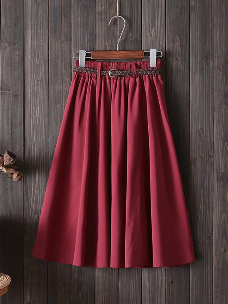 Midi Knee Length Summer Skirt Women With Belt  Fashion Korean Ladies High Waist Pleated A-line School Skirt Female