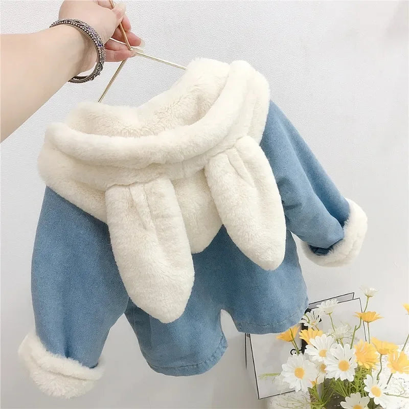 Jacket for Girls Boy Children's Denim Jackets Warm Fur Cowboy Coat Baby Rabbit Ear Hooded Velvet Outerwear Kids Winter Clothes