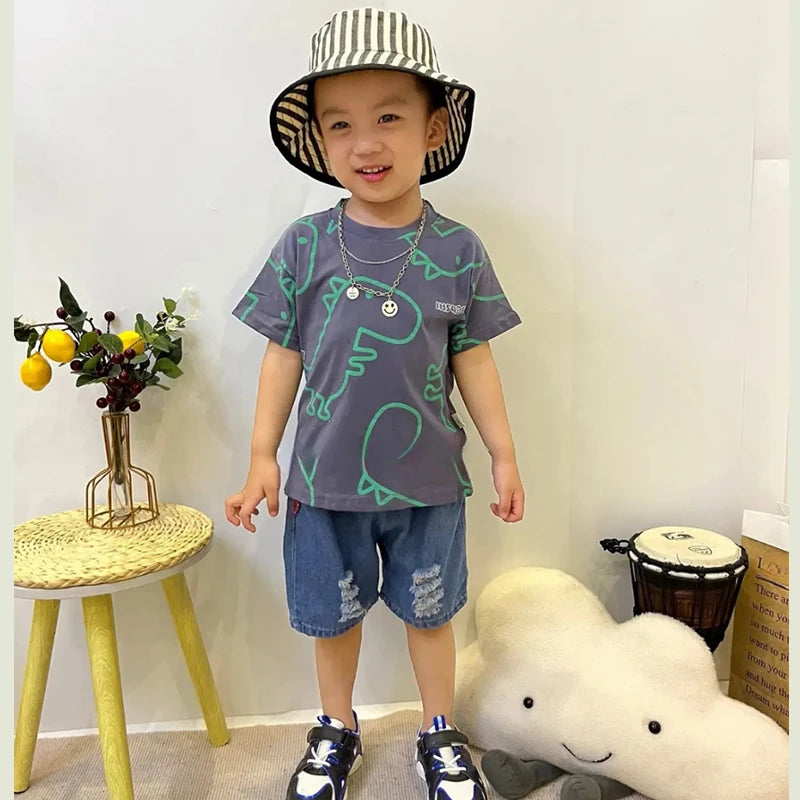 Summer Baby Boys Clothing Suits Childrens Set Dinosaur Print Tshirt+Denim Shorts 2 Pcs/sets Fashion  Children'clothes