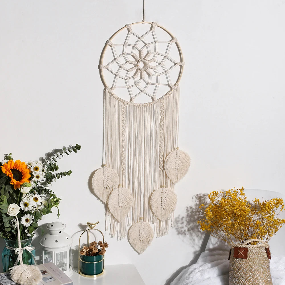 Macrame Dream Catcher Bohemian Leaf Wall Hanging Nordic Decor Boho Handmade Tapestry Ornaments for Home Living Room Decoration