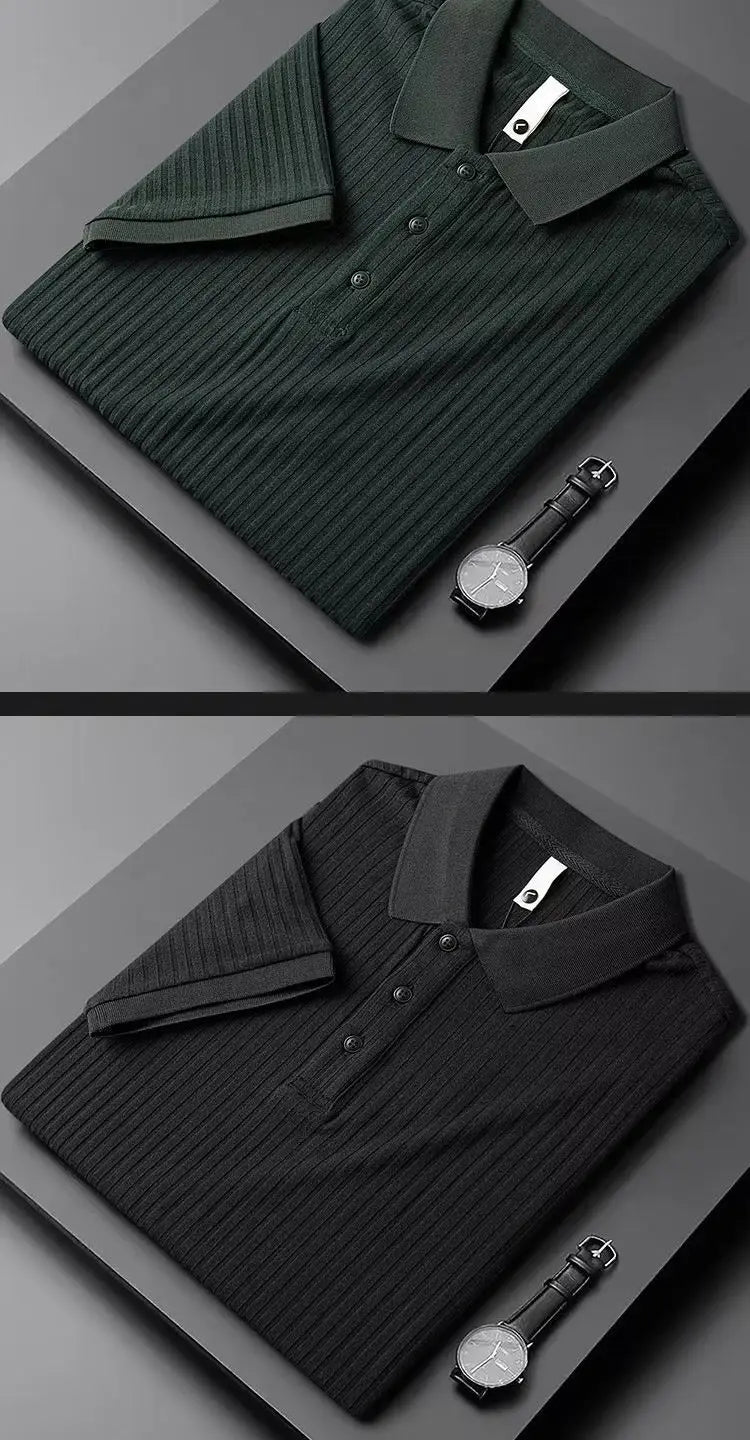 Men Polo Shirt Stripes Short Sleeve T-shirt Male Breathable Tops Business Turn Down Collar Luxury Handsome Elasticity Pullover