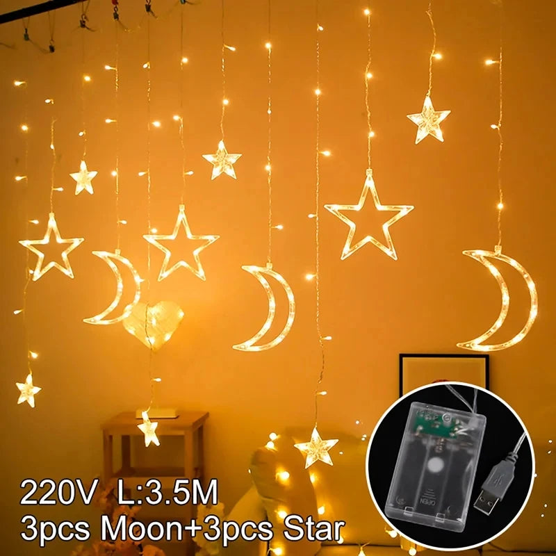 Eid Moon Star Curtain Garland Led String Light Ramadan Decoration Islam Muslim Party Decor Eid Al Adha Gift Eid Mubarak