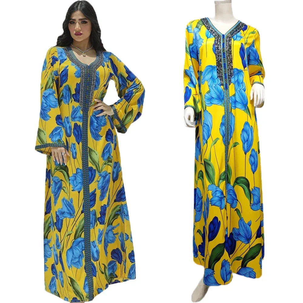 Abaya Elegant Ethnic Print Maxi Dress For Women Spring Autumn 2024 Muslim Jalabiya Dubai Turkey Moroccan Caftan Femme Clothes