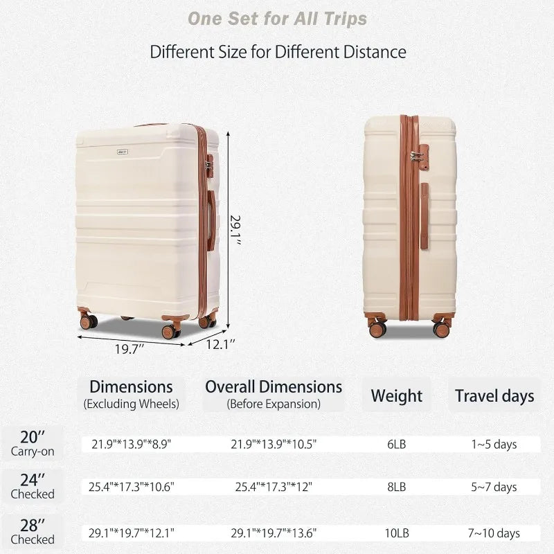 Luggage Sets 3 Piece Suitcase, Hardside Suit case with Spinner Wheels Lightweight TSA Lock, Ivory/Brown, 20/24/28 Inch