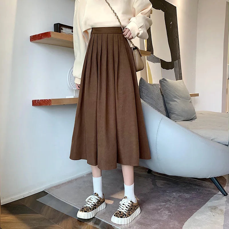 Xpqbb Korean Style Women's Midi Skirt 2022 Autumn High-Waisted Corduroy Long Skirt Women College Style Pleated A-Line Skirts