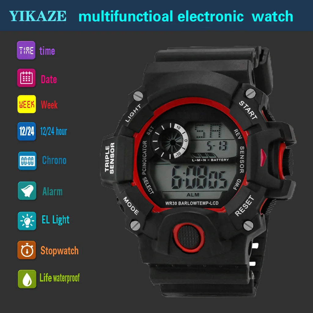 YIKAZE Men's LED Digital Watch Men Sport Watches Fitness Electronic Watch Multifunction Military Sports Watches Clock Kids Gifts