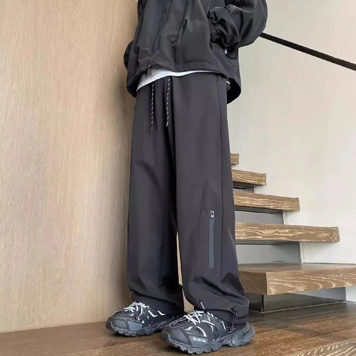 Cargo Pants Men Zipper Oversize Drawstring Casual Water Proof Sweatpants Loose Fit Joggers Solid Cargo Straight Mopping Trousers