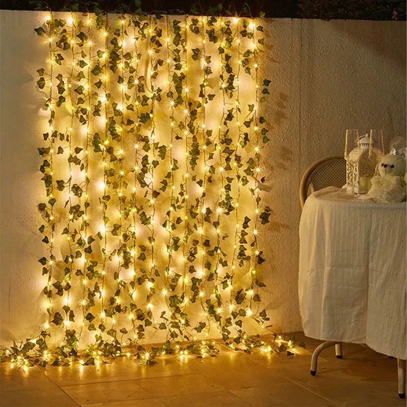 12/10/2m Fake Green Leaf Ivy Vine with LED Lights Home Bedroom Decor Wedding Glowing Artifical Plant Garland Home Decor