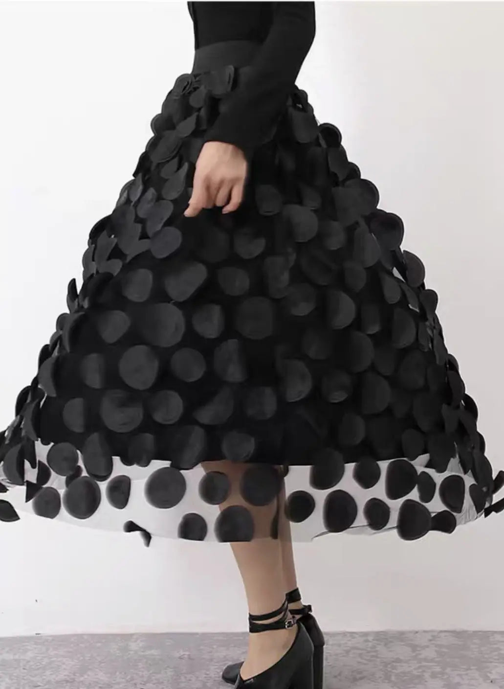 Women Polka Dot 3D Design Tulle Mesh Skirt Vintage Elastic Waist Long A-line Tutu Skirt