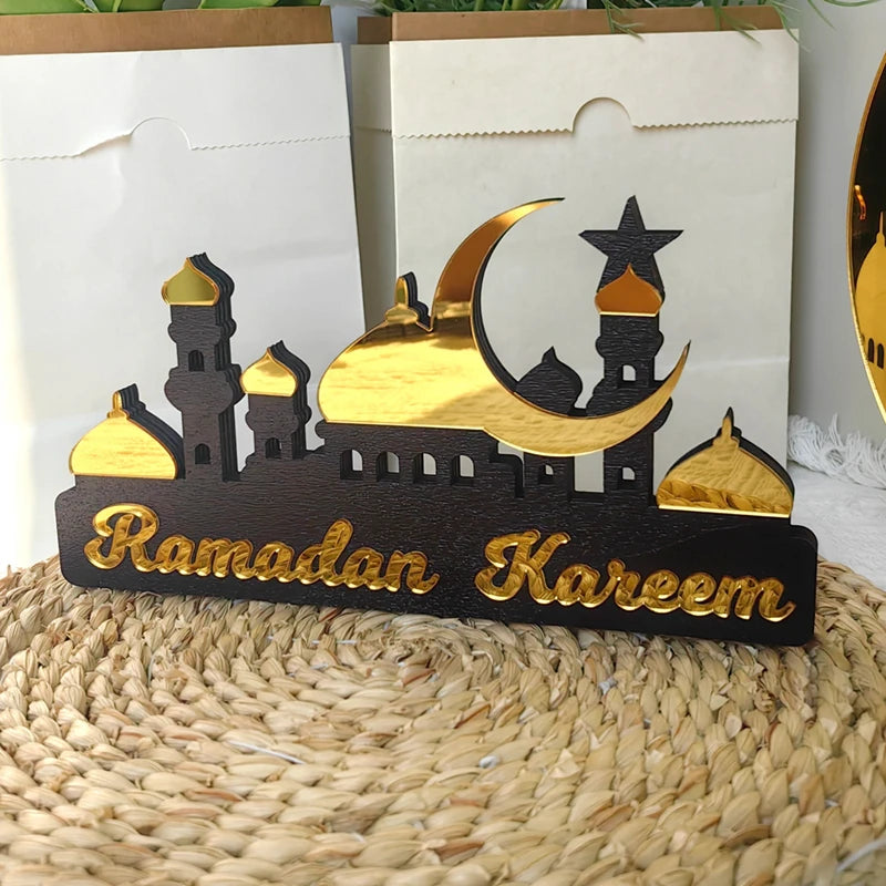 2025 Ramadan Kareem Table Ornament Wooden Acrylic Eid Mubarak Moon Star Castle DIY Tabletop Decoration Islamic Party Home Decor