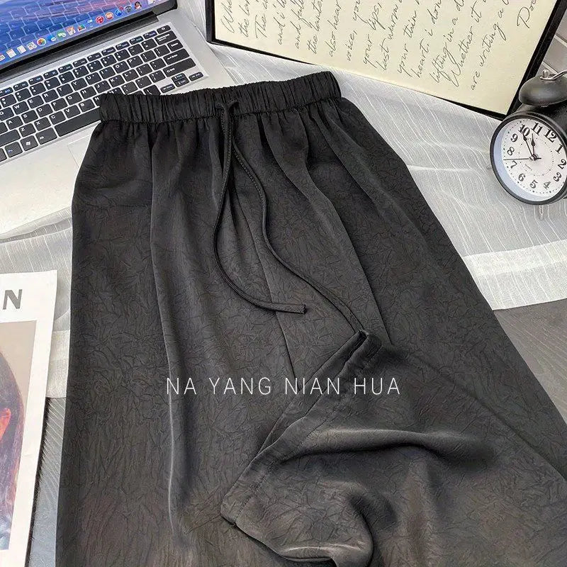 Spring Summer Ice Silk Satin Women's Pants Commuting High Waist Loose Straight Drape Casual Wide Leg Folds Full Length Pants