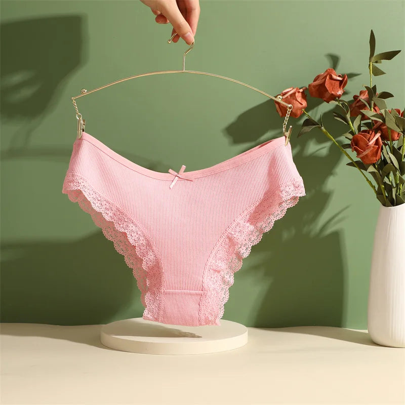 3PCS/Set Women Cotton Panties Sexy Low Rise Lace Brazilian Panties Hollow Out Soft Breathable Lingerie Female Bow Underwear S-XL