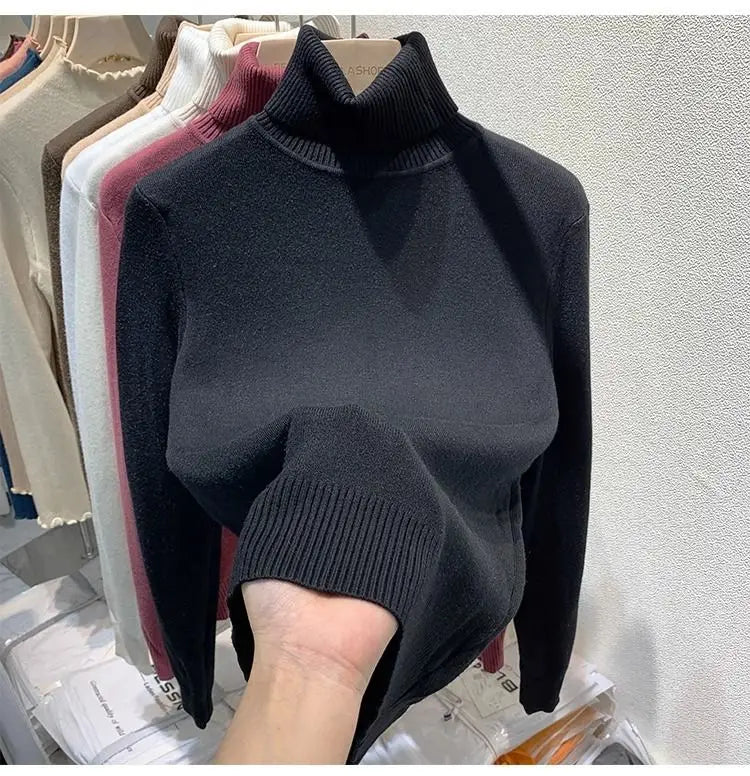 Turtleneck Plush Fleece Sweater Women Winter Fashion Elastic Thicken Pullovers Warm Casual Basic Solid Bottoming Sweater