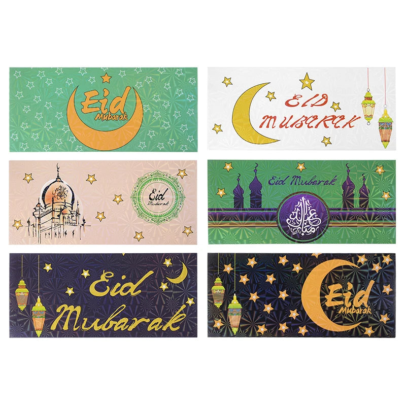 6pcs Eid Mubarak Cash Envelopes Money Cards Paper Bag 2025 Ramadan Islamic Muslim Festival Party Decor Supplies Eid Al-fitr Gift