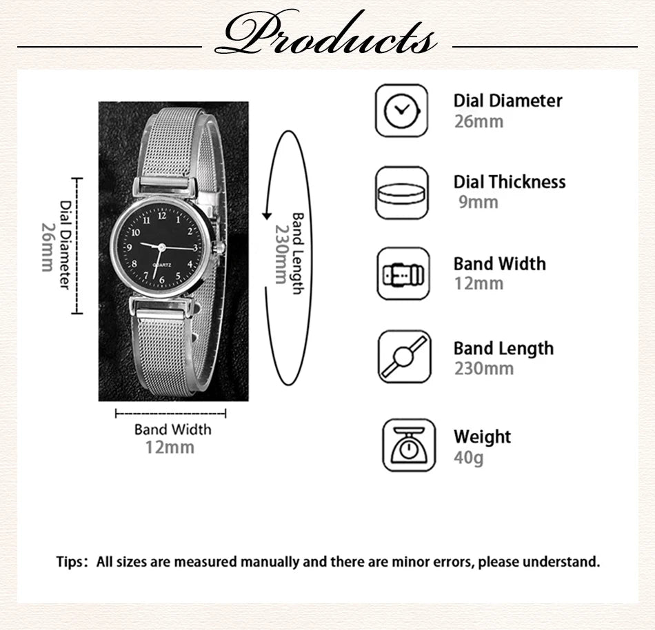 6PCS Set Women Watches Fashion Ladies Quartz Watch Bracelet Set Silvery Mesh Luxury Women Watches Dress Clock Montre Femme