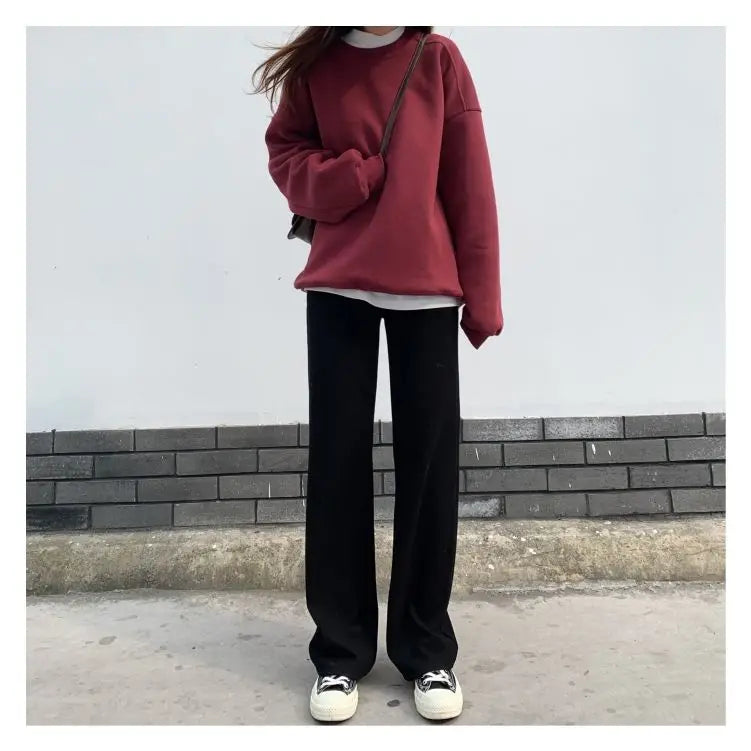 Winter Women Black Fleece Lined Wide Leg Pants Thicken Warm Baggy Drape Sweatpants High Waist Casual Corduroy Straight Pants