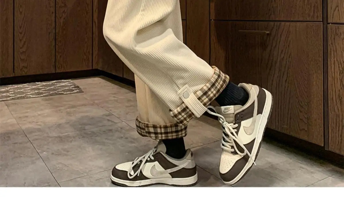 Men's Casual Pants Autumn Winter Warm Straight Corduroy Fleece Trousers Lattice Casual Waist Harajuku Loose Wide Leg Pants