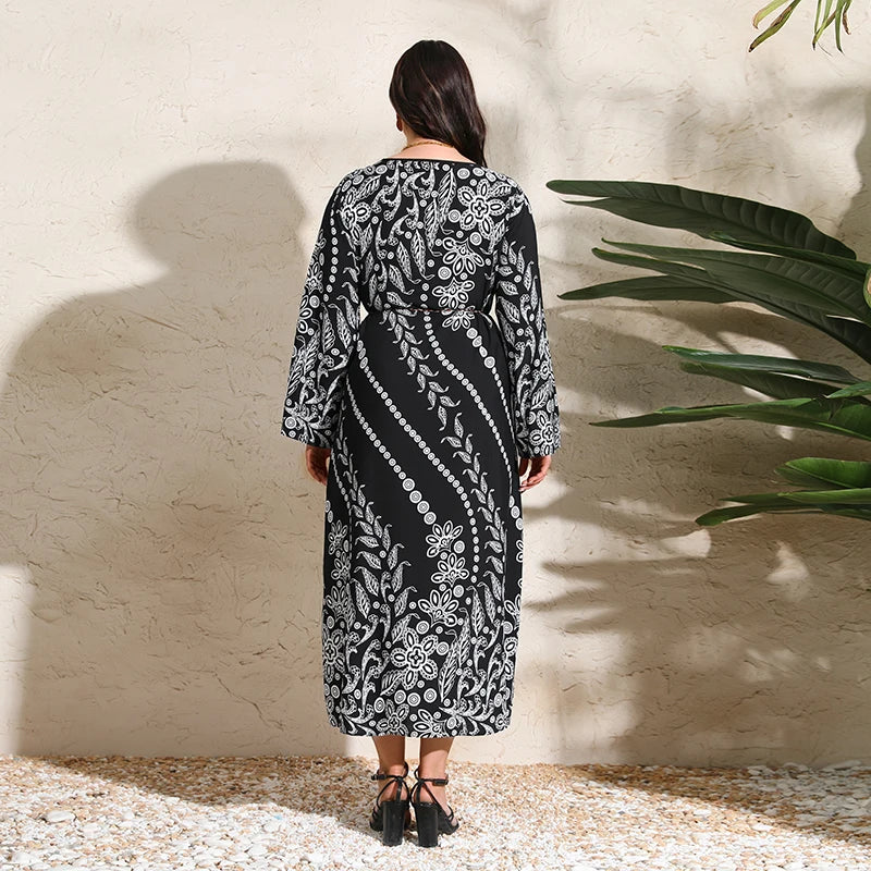 Plus Size Spring Summer Women Dress O-neck Maxi Dresses Floral Pring Robe Long Sleeves Female Sundress Casual Islamic Clothing